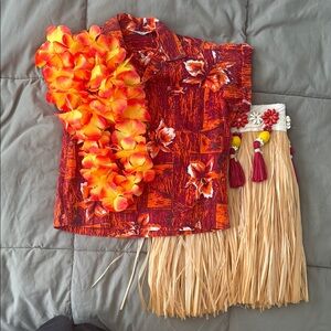 Vintage Hawaiian Shirt and Grass Skirt Set with Lei